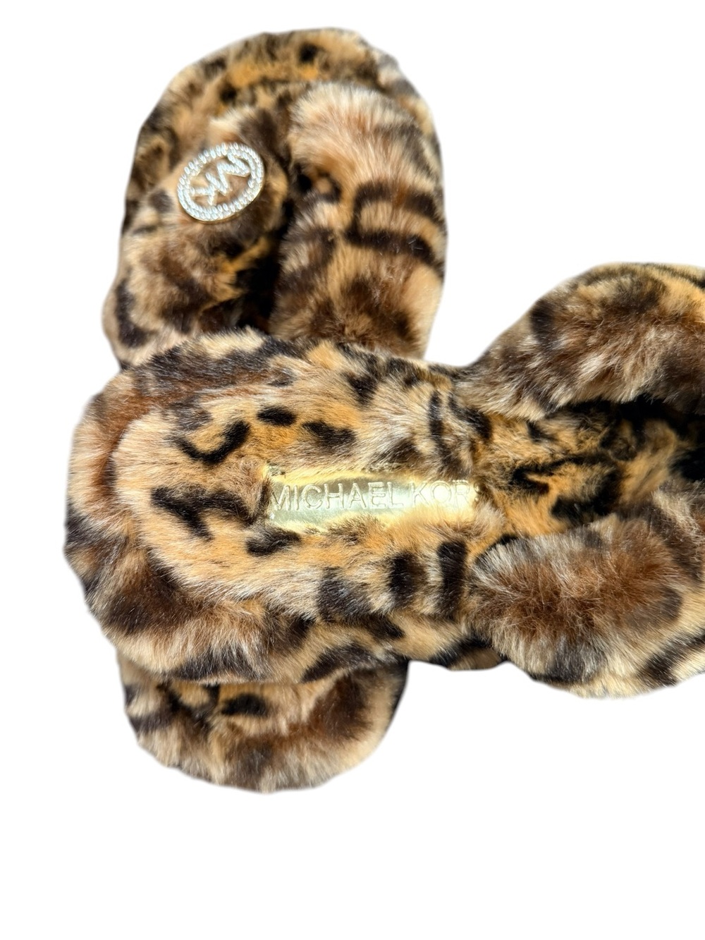 Michael Kors Leopard Faux Fur Slippers Rhinestone MK Logo Size 8M - Picture 7 of 10